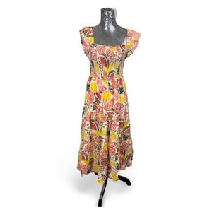 Y2K Cottagecore Smocked Fruit Print Maxi Dress Large Tiered Flutter Sleeve Party